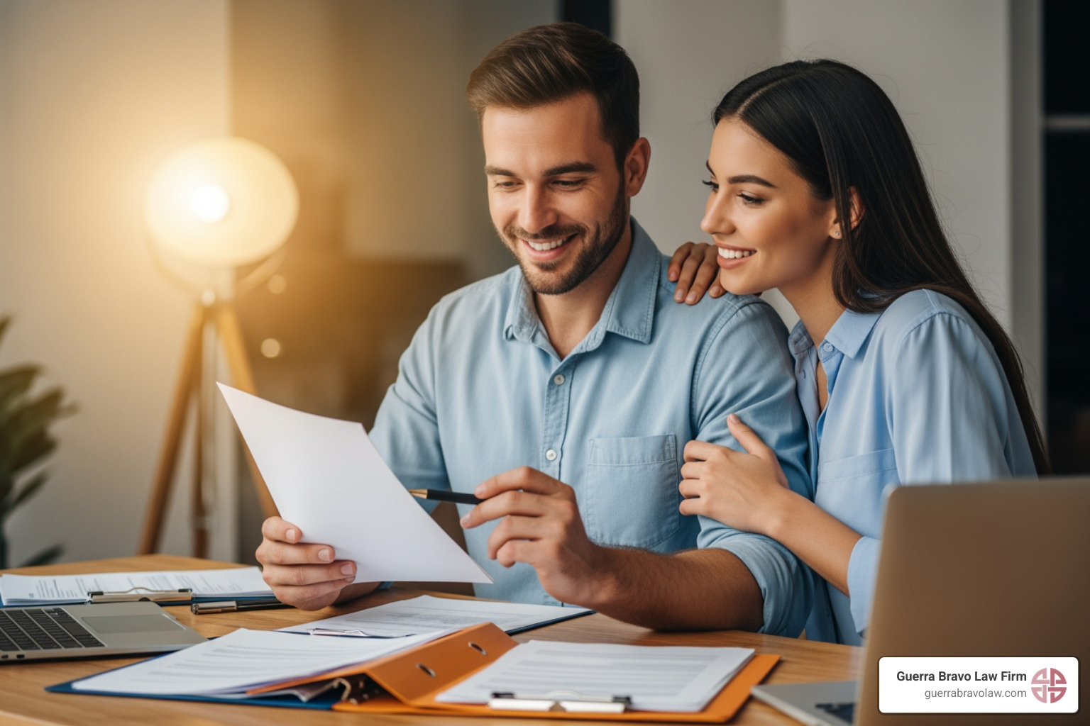happy couple reviewing immigration documents together - pr sponsor spouse