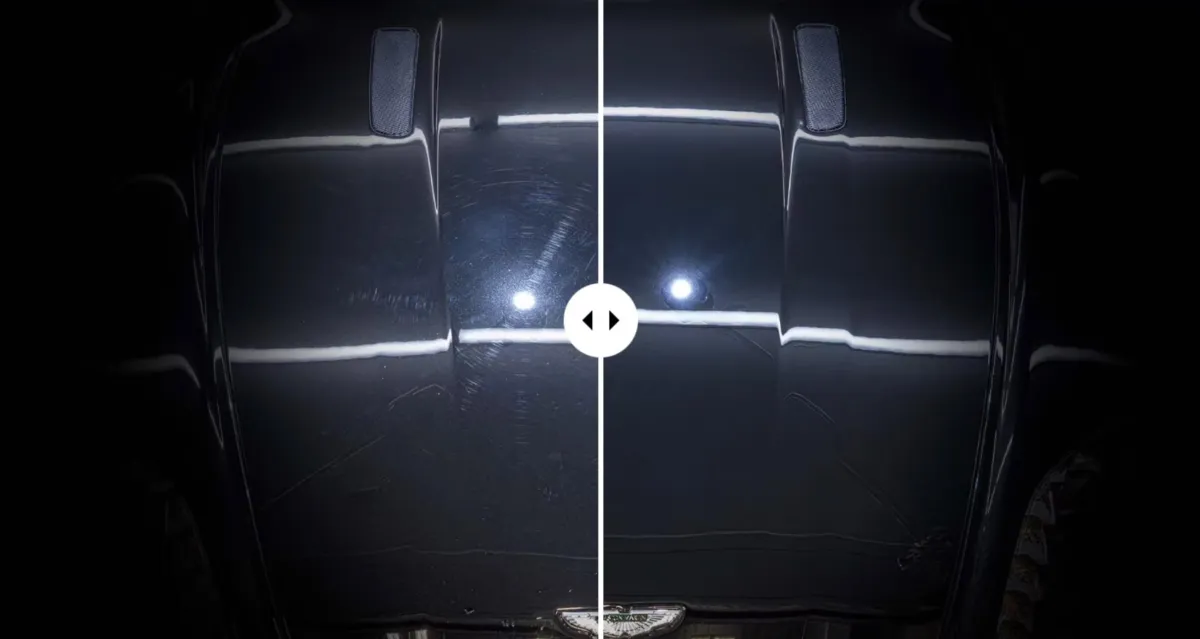 Comparison of a car's paint surface before and after paint correction, highlighting the removal of scratches and enhancement of gloss and clarity.