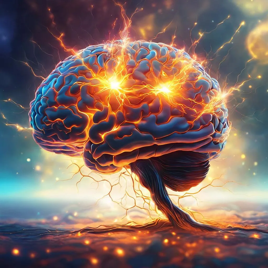 A brain with neurons firing up. Representing enhanced cognitive function and mental clarity that fasting may provide.
