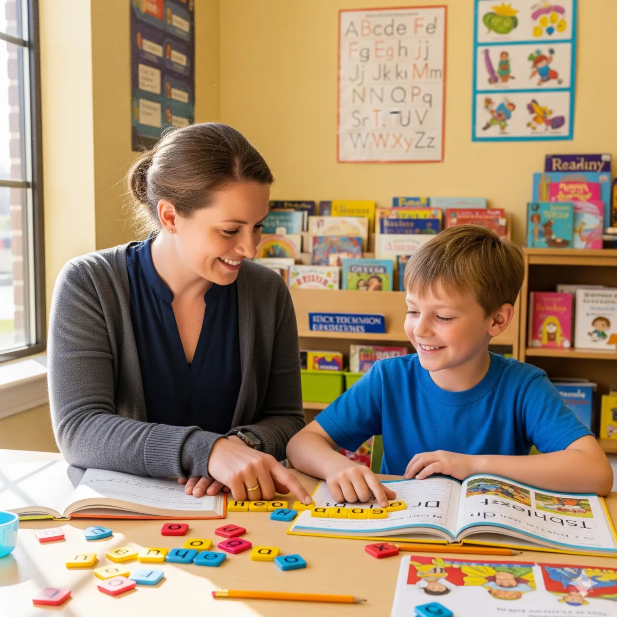 Dyslexia tutor helping a child build reading and spelling