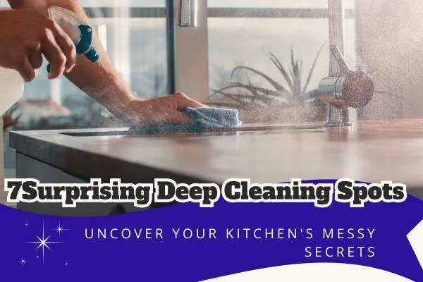 Person cleaning a kitchen counter with text overlay: '7 Surprising Deep Cleaning Spots: Uncover Your Kitchen's Messy Secrets.