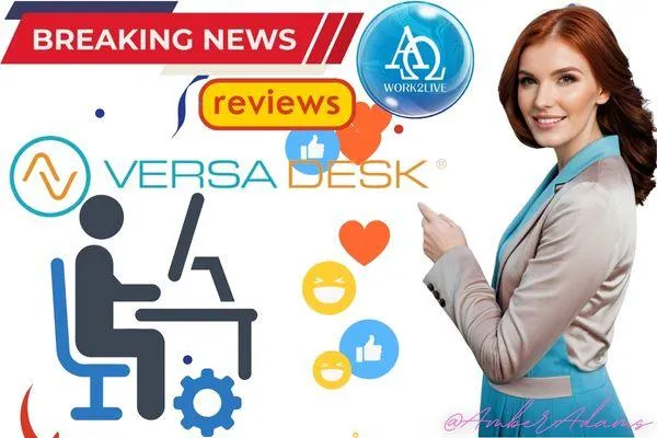 Professional woman pointing at a 'Versa Desk' logo with icons like thumbs up, smiley faces, and speech bubbles. The image also features a 'Breaking News' banner and the word 'reviews' highlighting desk reviews.