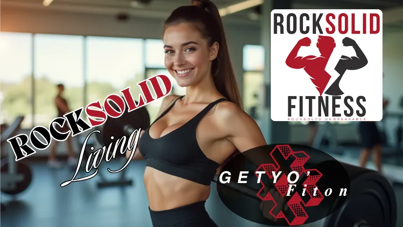 Sunny Rivers, RockSolid Fitness brand ambassador, smiling confidently at the camera while curling weights, showcasing strong biceps in a gym setting