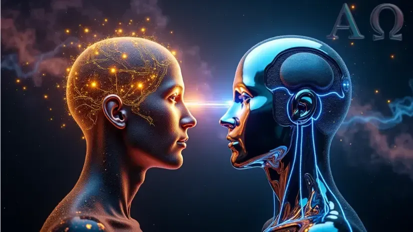 Symbiotic partnership concept: A glowing human head silhouette connected by light to a chrome AI head, symbolizing collaboration for innovation.