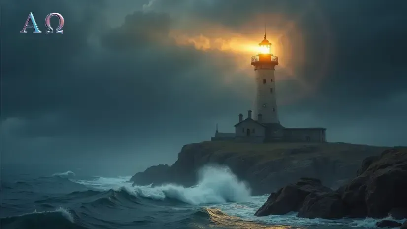 A symbolic image of a single, sturdy lighthouse casting a powerful, reassuring beam of light across a dark and stormy sea, representing AOWork2Live as a beacon of guidance and safety for lonely entrepreneurs.