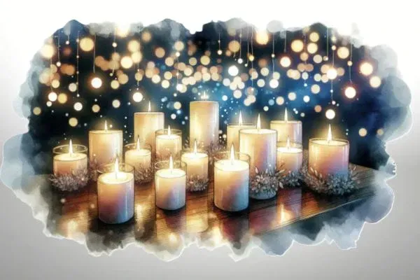 Beautiful collection of ZenGen candles with soft bokeh lights creating serene atmosphere