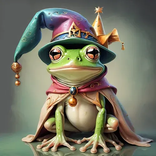 Whimsical wizard frog wearing colorful hat and cape representing humor and laughter for well-being