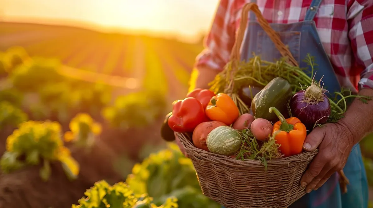 A basket or tote bag filled with fresh summer produce, hinting at the seasonal transition.
