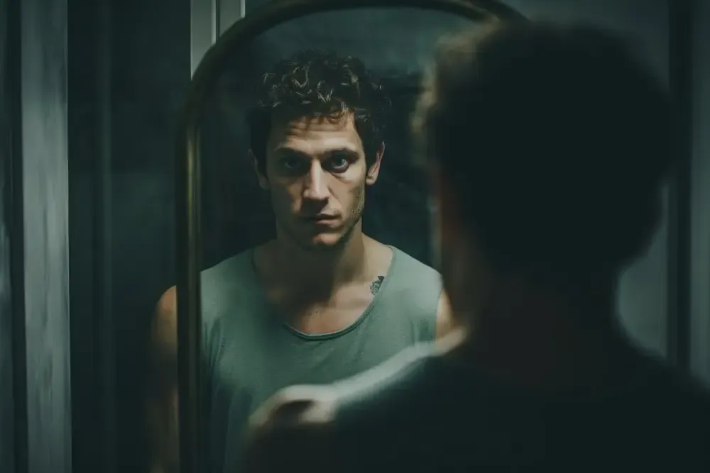 Man with Borderline Personality Disorder looking in the mirror, reflecting on his emotions and identity.