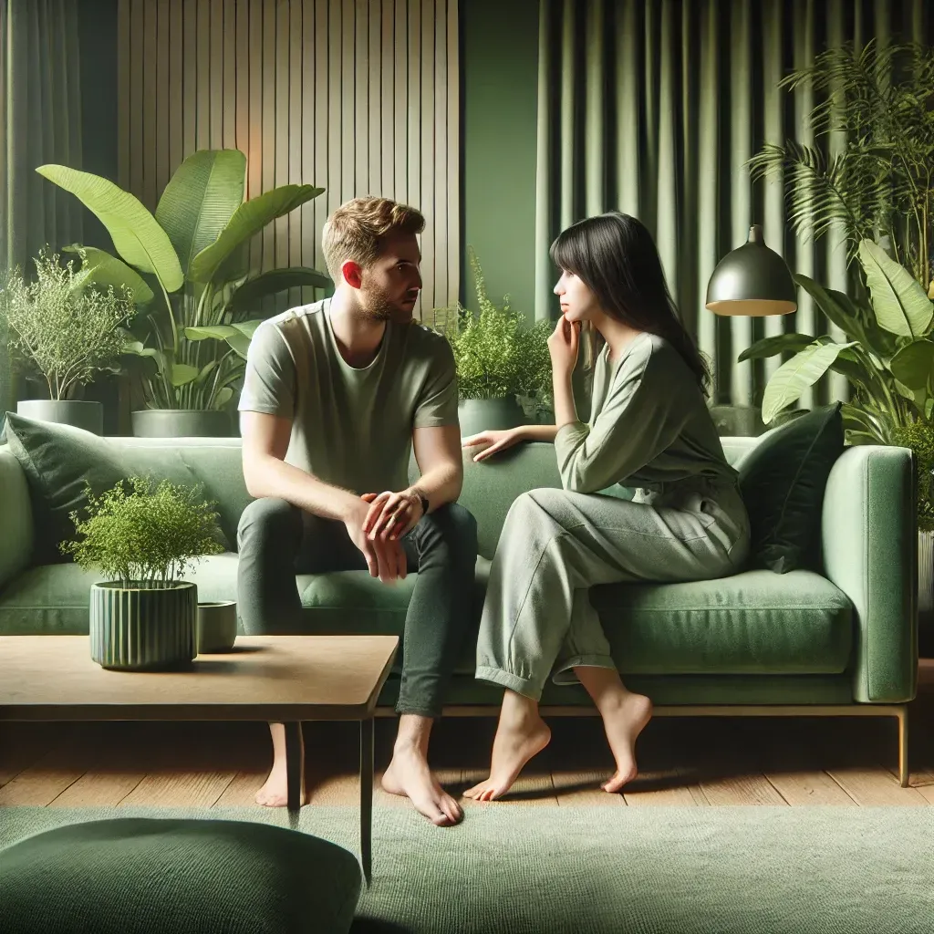 Couple sitting on a green couch, engaging in conversation, representing communication exercises for couples.