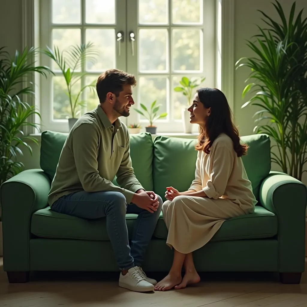 Couple sitting at a dining table, calmly discussing and holding hands, symbolizing how to stop arguing over small things.