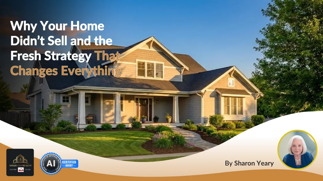 Blog cover image showing a well-kept suburban home at sunset with headline text “Why Your Home Didn’t Sell and the Fresh Strategy That Changes Everything” and author Sharon Yeary.