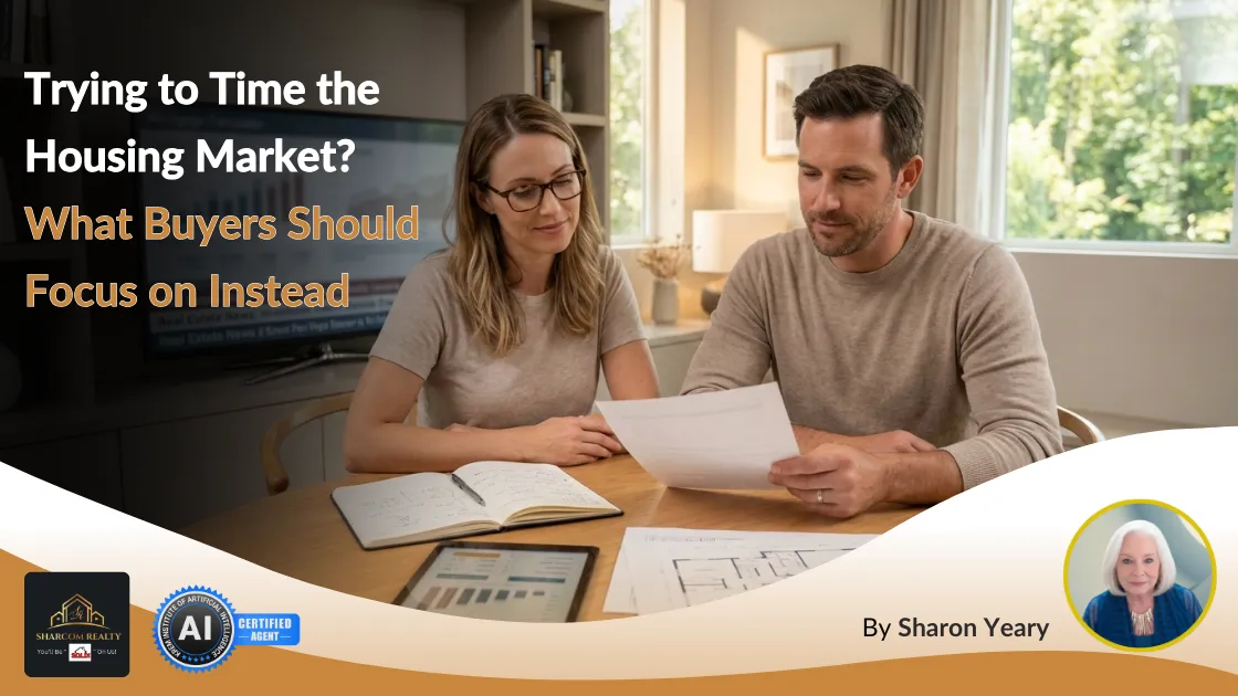Blog cover showing a couple reviewing home-buying documents at a table, with the headline “Trying to Time the Housing Market? What Buyers Should Focus on Instead” and “By Sharon Yeary.
