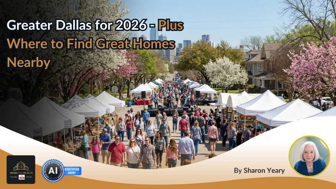 Blog cover showing a crowded Dallas street festival with vendor tents and blooming trees, titled “Greater Dallas for 2026 – Plus Where to Find Great Homes Nearby,” by Sharon Yeary.
