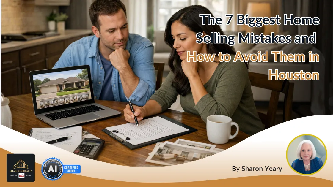 Blog cover showing a couple reviewing home-selling paperwork and listing photos on a laptop, titled “The 7 Biggest Home Selling Mistakes and How to Avoid Them in Houston,” by Sharon Yeary.