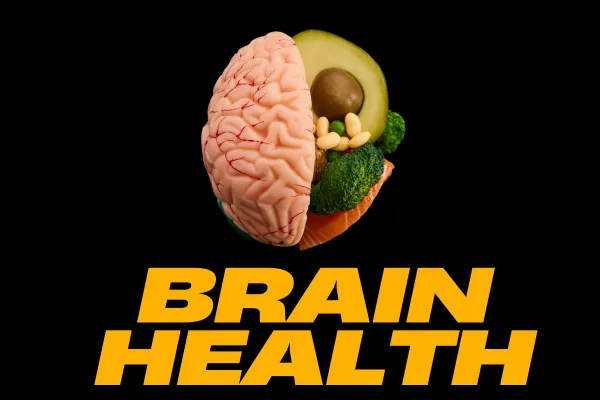 Healthy foods like avocado, salmon, and leafy greens arranged around a brain illustration, symbolizing the connection between low-carb nutrition and brain performance