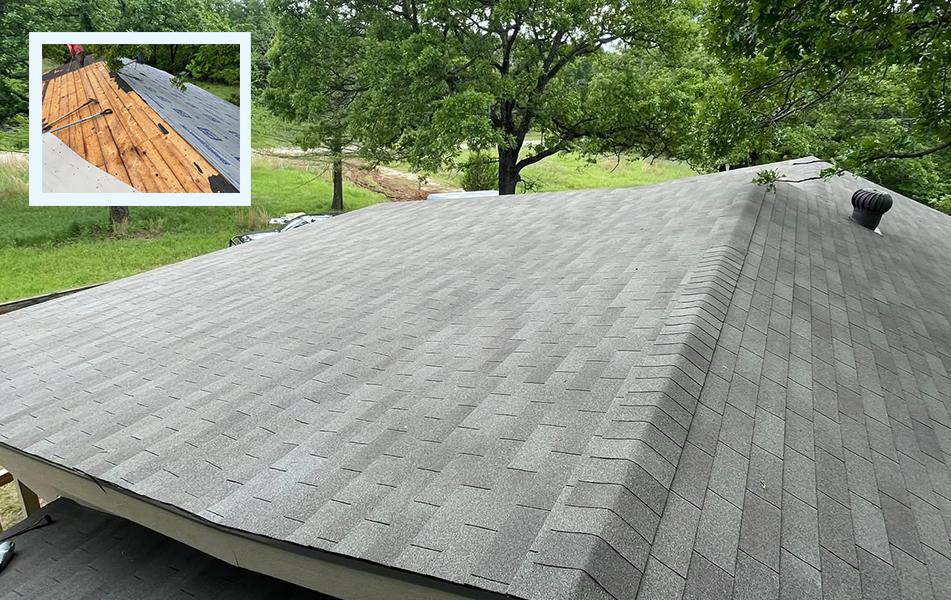 Grey roof replaced with inset of repair work