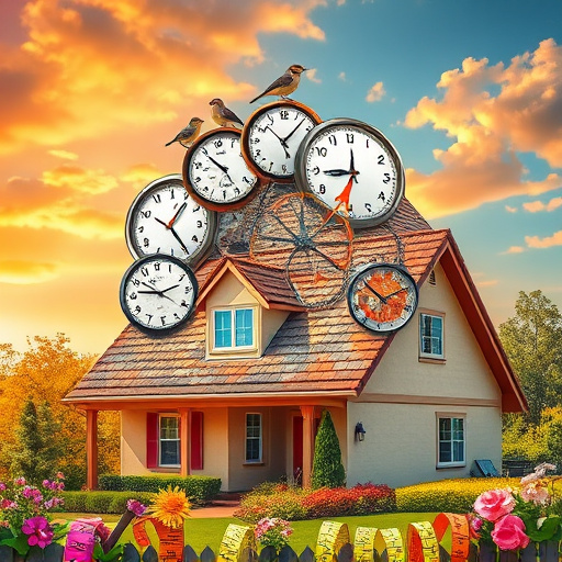 A vibrant, dynamic Futurism-inspired scene featuring a modern residential house with an aerodynamic roof adorned in colorful geometric patterns, suggesting reinforced capabilities. An impending storm creates a swirling environment with exaggerated stylized clouds and kinetic lines illustrating wind and rain. The dramatic color palette includes deep blues and purples, accented by bursts of neon greens and yellows, conveying resilience against nature. A whimsical lightning bolt character zips across the sky with a playful expression, symbolizing preparation. Quirky, oversized watering cans are placed among potted plants on the porch, reflecting the nurturing spirit of homeowners. Beside the house, a futuristic gadget symbolizes advanced storm prediction and roof maintenance technology. The background features abstract spiraling winds represented by flowing lines and shapes, encapsulating urgency while maintaining an upbeat tone. This visually striking cover image embodies the theme of storm preparation through engaging visuals and a focus on safety.