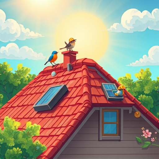 A blog cover image illustrating roofing financing, featuring a detailed rooftop scene with a charming sloped roof covered in deep blue shingles and a modern solar panel reflecting sunlight. In the foreground, a vibrant scale model house sits on a wooden table, accompanied by scattered blueprints and financing documents, emphasizing the planning involved in roofing installations. The composition captures a professional yet inviting mood, highlighted by quirky details like a miniature garden gnome in a hard hat overseeing the model, and a piggy bank styled like a construction site, symbolizing wise saving and investment in roofing projects. The blurred background reveals a suburban neighborhood with gently swaying trees and soft clouds under a bright blue sky, enhancing the inviting atmosphere. The realistic textures and interplay of light and shadow showcase the craftsmanship of the shingles, while the warm earthy tones and bright accents create a professional, uplifting tone, inviting readers to explore financial opportunities for their dream roofs.