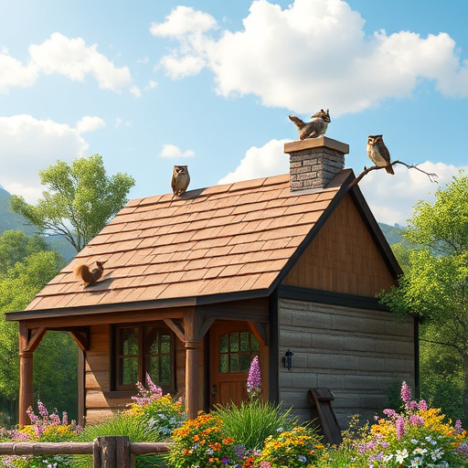 Whimsical Rococo-style illustration depicting a roof repair handyman surrounded by ornate swirls and flourishes. The foreground features an intricately detailed rooftop half-covered in vibrant green vines and dotted with colorful flowers. Tools like a vintage hammer and a roll of shingles are artistically arranged among the blooms. The sky transitions from soft pastel blue to gentle sunset orange, with fluffy clouds creating a tranquil atmosphere. The background showcases a quaint neighborhood with stylized 18th-century French architecture, including decorative chimneys and small, ornate windows. The overall mood is light-hearted and professional, with a soothing pastel color palette of pinks, yellows, and soft greens, inviting readers into the charming world of home maintenance.