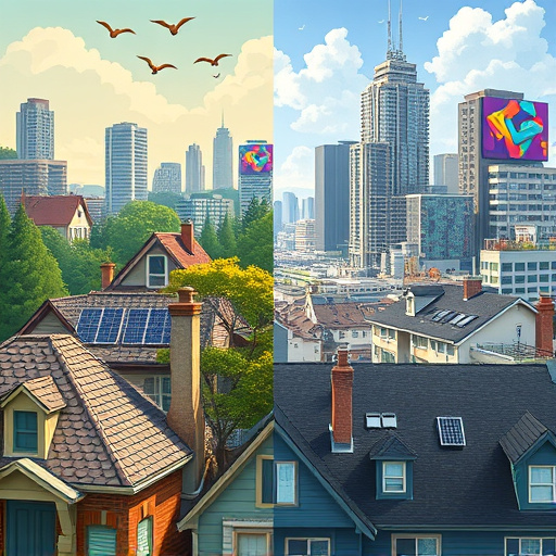 Alt text: A photorealistic blog cover image contrasting flat and pitched roofs, featuring two distinct houses side by side. On the left, a modern house with a sleek flat roof is adorned with a vibrant rooftop garden filled with colorful succulents. On the right, a charming house with a classic pitched roof displays traditional shingles and includes a whimsical bird-shaped weather vane. The serene setting is accented by a clear blue sky transitioning to soft clouds. A curious cat peeks over the flat roof's edge, while a playful squirrel sits atop the pitched roof, adding personality to the scene. The color palette features warm earth tones for the houses, lush greens from the garden, and bright blues of the sky, illustrating the advantages and disadvantages of both roofing styles.