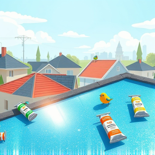A bustling urban neighborhood features a vivid cityscape with diverse rooftops in varying styles and colors, representing the area's architectural variety. Above, a vibrant sky filled with cotton candy clouds transitions to a warm sunset, casting a golden glow over the scene, evoking calm and reliability. In the foreground, a brightly painted toolbox in reds and blues is invitingly displayed, with tools open, including a hammer, tape measure, and a bright yellow hard hat scattered around, symbolizing the craftsmanship of skilled roofers. A playful detail includes a cheerful squirrel with a tiny wrench peeking from behind a chimney, adding a light-hearted touch to the image. This scene embodies community trust and professionalism, highlighting the work of certified roofers and creating a warm atmosphere. The color palette combines soft earth tones with vibrant accents, reflecting the approachable nature of the roofing profession in an urban environment, all depicted in a SocialRealism art style that captures the beauty and gritty reality of everyday life.