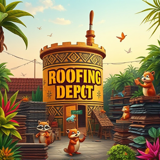A vibrant blog cover image featuring a surreal landscape where thick globs of shiny black roofing tar flow like rivers through a lively neighborhood. The tar glistens under a warm golden sun, casting playful shadows across the scene. Colorful houses with quirky shapes and exaggerated features line the sides, their roofs partially coated in glossy roofing tar, creating a whimsical representation of the roofing process. In the foreground, an oversized paintbrush leans against a giant can of roofing tar, its bristles dripping with the thick substance, symbolizing an artistic approach to repairs. Small cartoonish birds flutter around, some perched on a roof's edge, curiously observing the tar below, adding a playful element to the image. The sky transitions from deep blues to vivid oranges, generating an energetic atmosphere that embodies themes of transformation and creativity. The art style is distinctly Expressionist, showcasing bold brush strokes and a vibrant color palette to evoke excitement and innovation, allowing viewers to appreciate the unique personality of roofing tar in a lighthearted mood.