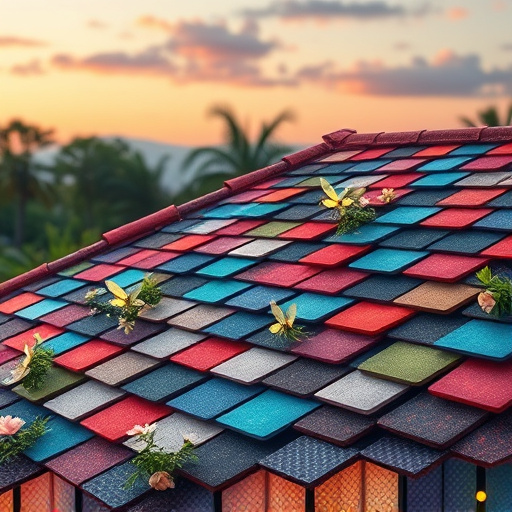 Alt text: A serene backyard scene under a clear blue sky features an assortment of gleaming roofing nails artistically arranged on a weathered wooden workbench. Partially rolled-out shingles in rich earth tones complement the setting. Scattered roofing tools like a hammer and measuring tape suggest an ongoing project, creating a focused atmosphere of craftsmanship. A small, brightly colored bird curiously inspects the tools, adding a playful touch to the composition. Framed by gentle garden foliage, the image showcases deep greens, browns, and golden highlights in a Renaissance art style, emphasizing the beauty and precision of roofing work with soft light and shadow.