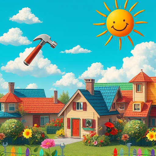 A vibrant and impressionistic blog cover image depicting a suburban neighborhood scene focused on a roofing business. The foreground features a cheerful street lined with charming houses showcasing a variety of colorful roofing styles, including shingles, tiles, and metal. Playful elements such as curious cats lounging on roof edges and a friendly dog peeking through a flower bed with bright blooms enhance the inviting atmosphere. The sky is painted in soft hues of orange and yellow, suggesting a late afternoon. The overall mood is warm and approachable, inspiring trust and a sense of community. Quirky details include tiny birds perched on rooftops and a small weather vane shaped like a hammer, symbolizing the roofing profession. In the background, a tool van decorated with whimsical roof-themed graphics is parked by the curb. The impressionistic style employs calming blues, sunny yellows, and earthy tones, evoking feelings of home and security, appealing to potential clients seeking local roofing services.