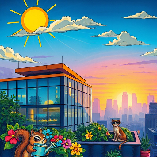 A vibrant expressionist artwork featuring a drone surveying a diverse cityscape, showcasing a mix of modern glass buildings and charming older structures with weathered roofs. The drone, depicted in bright metallic colors, hovers above, focusing on rooftop gardens and solar panels, symbolizing the connection between technology and nature in urban settings. The scene is filled with exaggerated, swirling lines and bold hues, contributing to an energetic mood, with playful details like a tiny rooftop pool and whimsical satellite dishes shaped like animals. A dramatic sunset sky in oranges, purples, and blues adds depth and contrast, while encapsulating themes of innovation and exploration. This artwork beautifully represents the concept of drone roof inspection services, highlighting architectural intricacies and the potential of modern technology amidst the charm of urban diversity.