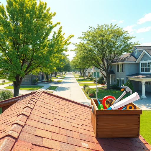 A surrealistic landscape depicting "roofing news," featuring a whimsical sky in pastel shades of pink, blue, and lavender. Various rooftop styles—gable, flat, and dome—rise from a vibrant grass foreground interspersed with oversized tools like hammers and wrenches, and colorful, large flowers. Cartoonish birds made of shingles flutter above, leaving trails of shimmering roofing felt, symbolizing innovation in roofing. The background showcases a dreamy city skyline with buildings from unusual materials like glass tiles, while fluffy insulation clouds drift by. An abstract sun resembling a vintage roofing logo casts a warm glow, illuminating the scene. Twisting vines frame snippets of roofing materials, including shingle samples, enhancing the eclectic charm and inviting viewers to explore the creative side of roofing.