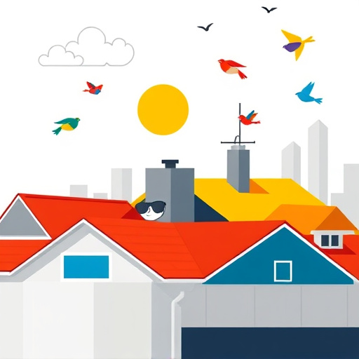 A serene rooftop landscape features a meticulously appointed TPO roof under a clear blue sky, reflecting sunlight with a subtle sheen. The foreground includes colorful oversized tools: a whimsical hammer, a playful roll of TPO membrane, and oversized safety glasses on a chimney, symbolizing roofing repair. Fluffy clouds drift in the background while a distant skyline of charming buildings adds depth. The scene evokes a professional yet lighthearted mood, showcasing the art of roofing. An elegant compass lies on the roof, suggesting precision in installation, while birds soar above, representing freedom and stability. The high Renaissance art style highlights rich detail and warm earthy tones, with deep blues and sunny yellows creating a sense of reliability and warmth. The absence of human figures invites viewers to appreciate the captivating craftsmanship in roofing work.