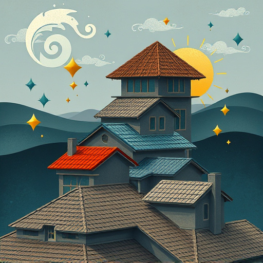 An elegant Art Deco illustration featuring various hurricane-resistant roofing styles, including sleek metal, vibrant ceramic tiles, and eco-friendly thatch, arranged in a dramatic upward spiral to symbolize resilience against strong winds. The scene captures a professional yet whimsical mood, blending creativity with the seriousness of storm preparation. Playful motifs of swirling wind patterns and stylized raindrops, embellished with geometric shapes, enhance the artistic flair. The background displays an abstract landscape of muted blues and greens with rolling hills and clouds, symbolizing stability amidst turbulent weather. Accents of gold and silver add an opulent touch, while the color palette consists of deep ocean blues and soft sky grays, highlighted by striking bronze to convey strength and security, reflecting innovation in roofing technology.