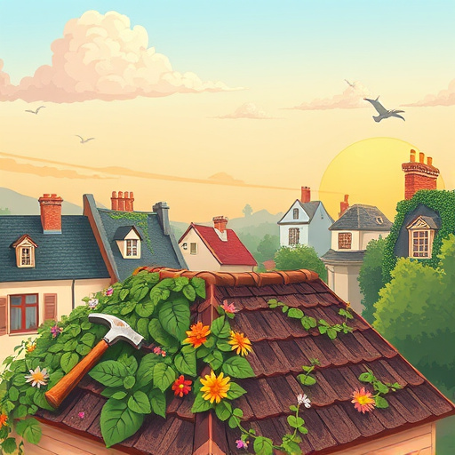 Alt text: A blog cover image for "Roofing Direct" depicting a high-renewal Renaissance scene of a breathtaking rooftop landscape. In the foreground, artistic representations of various roofing materials—ceramic tiles, wooden shingles, and slate—are elegantly arranged like a still life, showcasing their texture and craftsmanship. A playful raven peeks from behind a shingle, symbolizing cleverness. The mid-background features rooftops of diverse architectural styles, from modern minimalist to cozy cottage, set against a picturesque skyline illuminated by warm, golden late afternoon sunlight that enhances contrasts and textures. Above, a dramatic sky transitions from soft blue to warm oranges and purples, suggesting a new day. Subtle decorative motifs, such as swirling clouds and curling vines, provide visual flow without overshadowing the main focus. The color palette blends rich earth tones with vibrant accents, reflecting stability and creativity while merging High Renaissance artistry with contemporary roofing themes.
