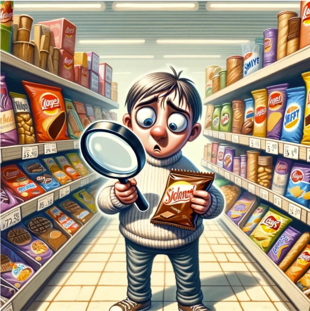 A person with magnifier looking at his chocolate package