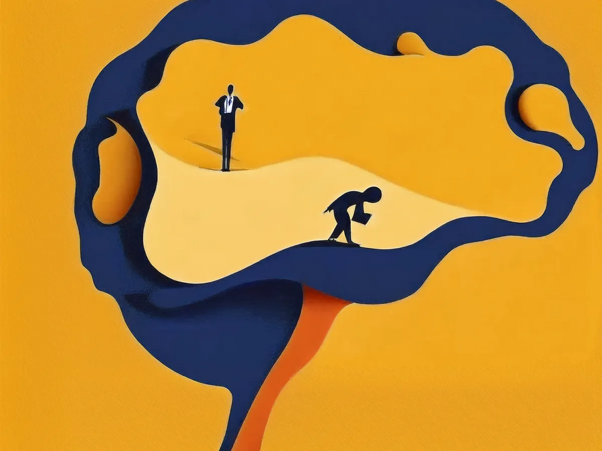 Abstract paper cut illustration showing two business figures - one standing confidently above while another crouches below in a toxic workplace power dynamic, representing interview red flags and psychological manipulation by bad employers