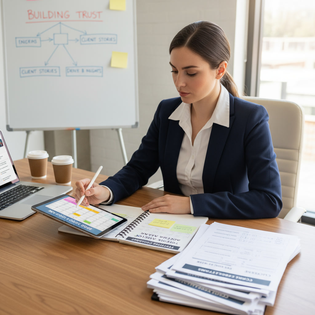 Business professional implementing 30-day action plan to build social proof with testimonial collection calendar and customer feedback forms