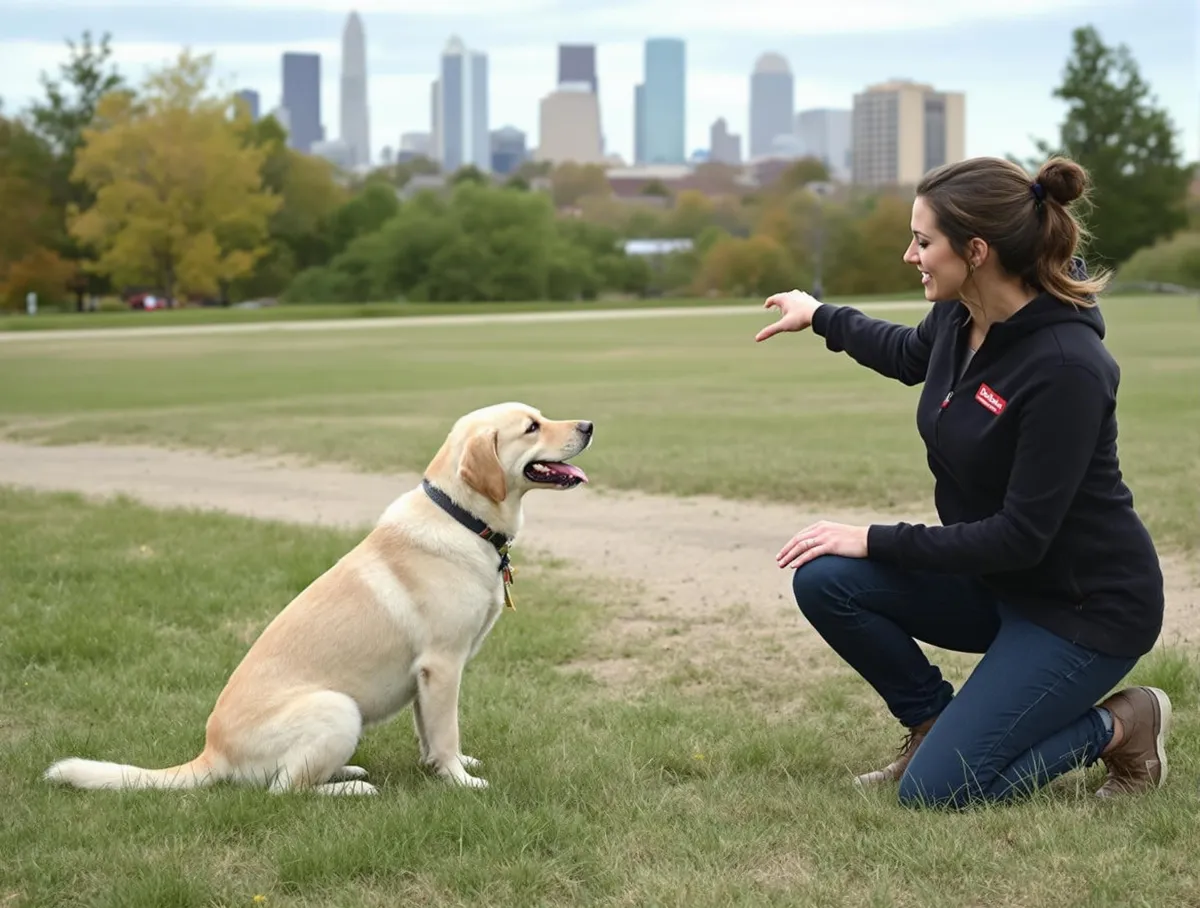 Professional dog trainer demonstrating advanced distance command with Labrador in Metro Detroit park setting with city skyline