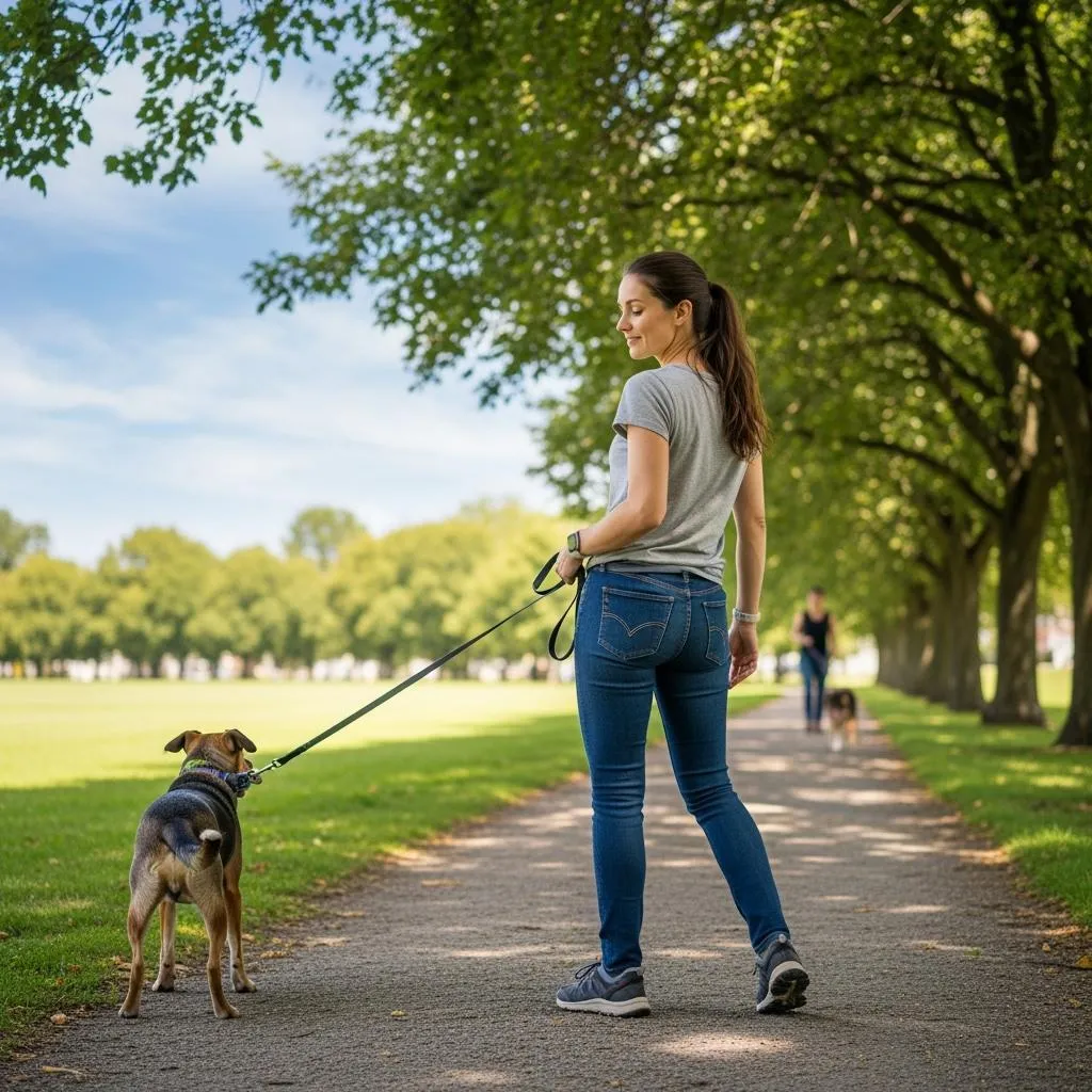Professional dog trainer demonstrating the U-Turn Walk technique with a leash reactive dog, calmly redirecting the dog's attention away from a distant trigger while maintaining relaxed leash position in a park setting.