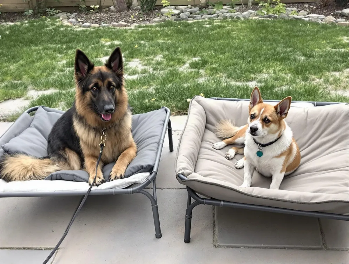 Two dogs meeting calmly on neutral territory with handlers using parallel walking technique, demonstrating proper dog introduction methods for a harmonious multi-dog household