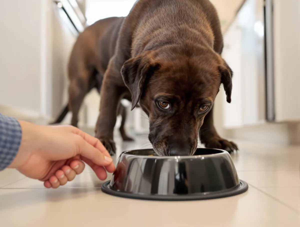 Dog displaying calm body language near food bowl while owner approaches, demonstrating successful resource guarding training and trust-building between dog and handler