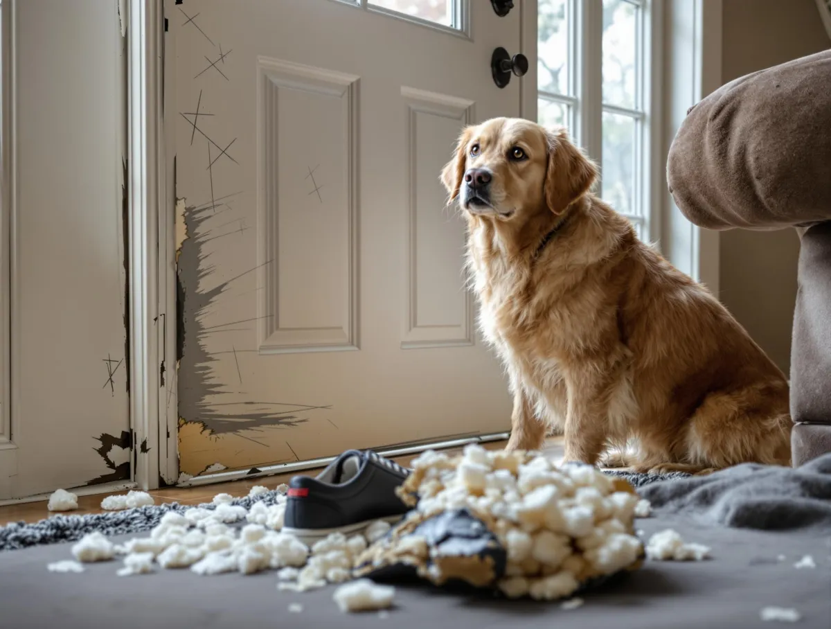 Anxious dog waiting by door showing signs of separation anxiety, with owner preparing systematic desensitization training to build confidence and independence