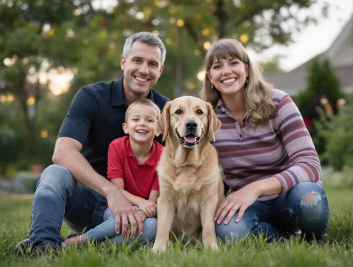 Happy family enjoying quality time with well-trained dog in Metro Detroit home, demonstrating successful transformation from behavioral challenges to harmonious relationship through professional dog training