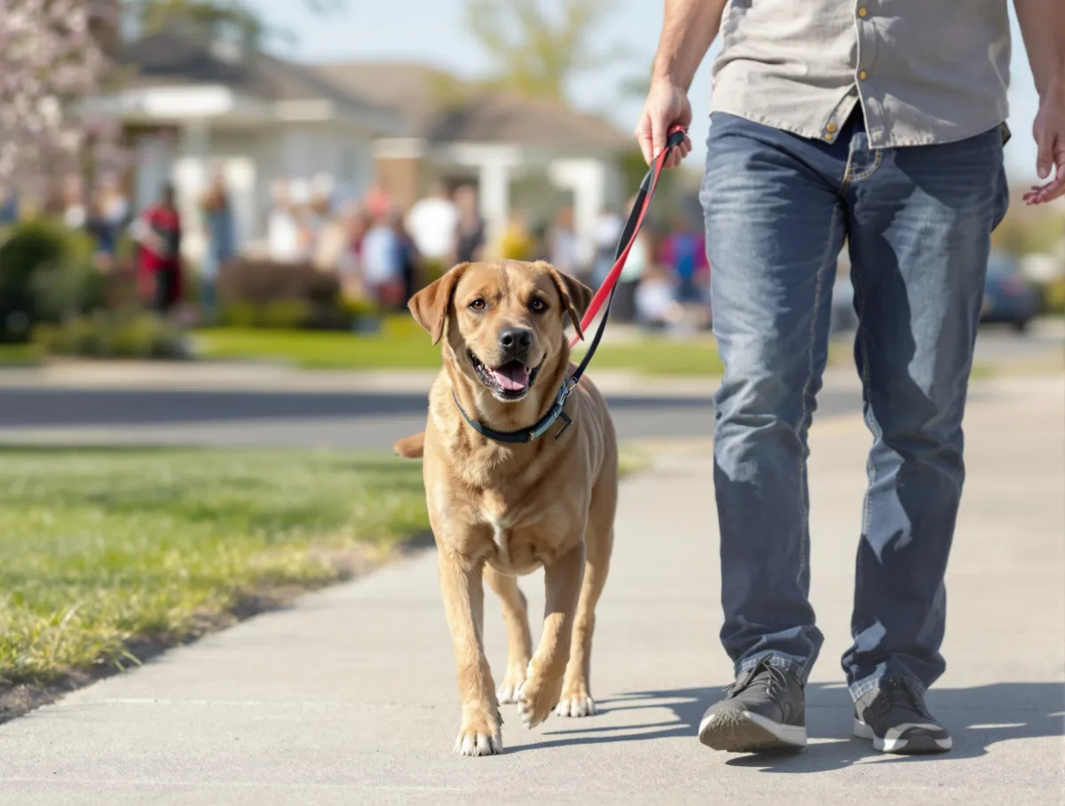 Well-behaved dog calmly walking on leash through Metro Detroit neighborhood with owner, demonstrating excellent public manners and positive community interaction while neighbors smile approvingly
