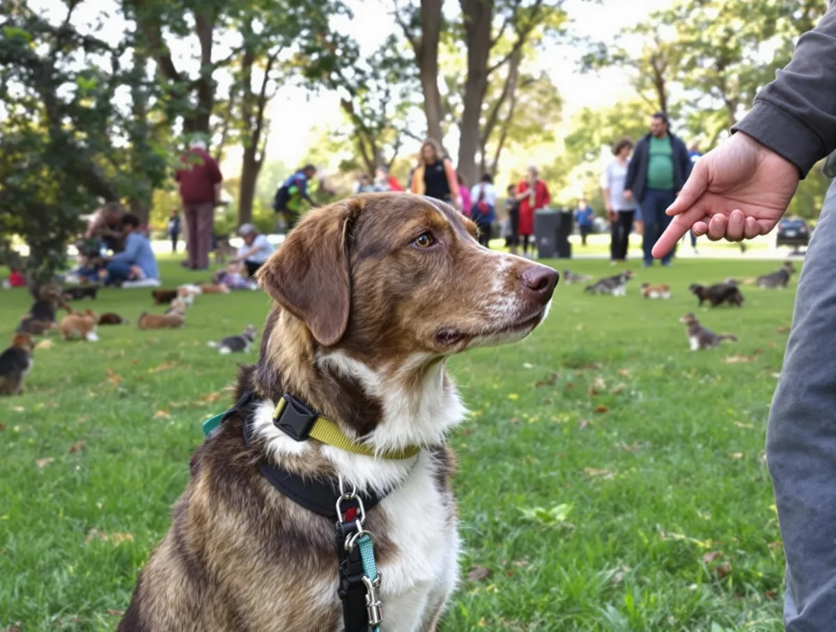 Focused dog maintaining eye contact with owner despite distractions in Metro Detroit park, demonstrating successful distraction-proof training through professional dog training methods and impulse control exercises