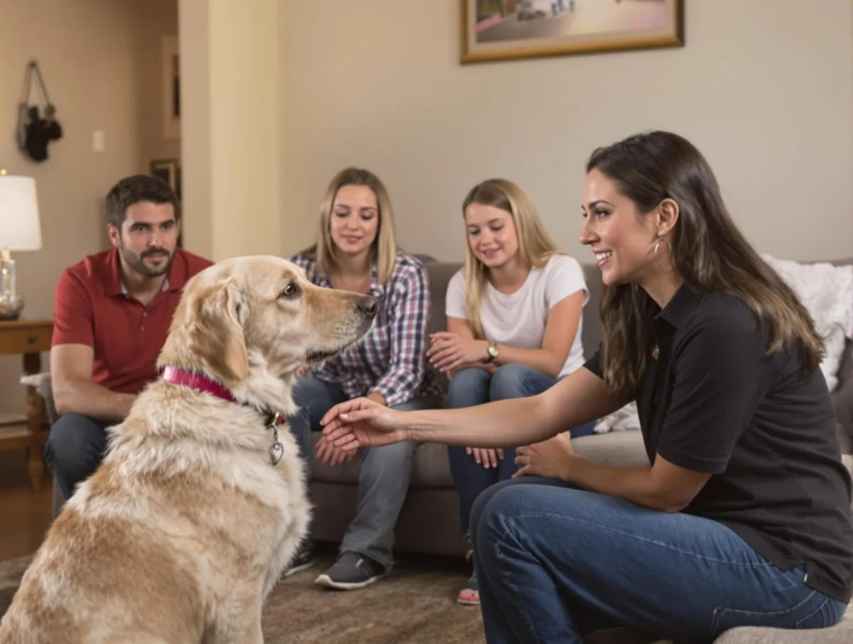 Calm, well-behaved family dog following consistent daily routine and responding to owner's commands, demonstrating predictable behavior through structured training and clear boundaries in Metro Detroit home