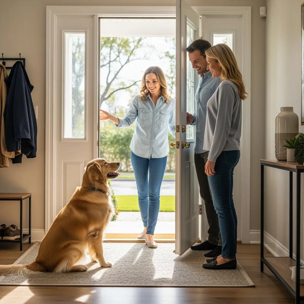 A well-trained Golden Retriever demonstrating perfect "place" command behavior while staying calmly on its mat as guests arrive at the front door, showcasing successful dog listening skills during exciting situations.