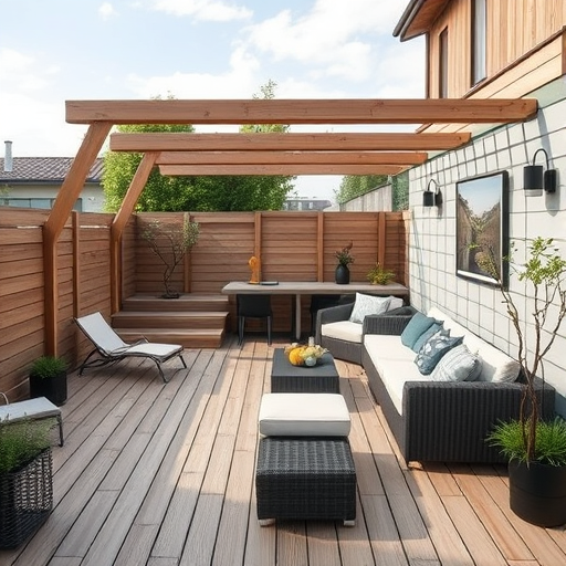 Egy lenyűgöző, hiperrealisztikus blogborító kép egy modern nyári teraszról és kerthelyiségről, központi szerepben egy nagy, elegáns napellenző szerelése közben. A kép középpontjában egy nyitott, napfényes terasz található, ahol a tiszta kék égbolt és ragyogó napvilág mellett magas zöld fák és növények alkotnak természetközeli hátteret. A napellenző szereléséhez egy professzionálisan dolgozó, minimalista stilizált sziluettekkel ábrázolt műszaki csapat látható, akik szerszámokat és létrát használva precízen szerelik fel a napellenzőt, miközben a fény és árnyék játékosan csillog a fém felületeken. A kép felső részében egy késő nyári hangulat uralkodik, ahol a színes munkásruhák és egy kíváncsi kutya vagy kerékpár vidám, játékos elemekkel gazdagítják a jelenetet. A háttér modern épületek és kerékpárutak között fest, dinamikus környezetet teremte, hangsúlyozva a friss levegőt és a nyári napsütést. Az alaposan kidolgozott részletek és élénk színek egyensúlya a szakmai precizitást és a könnyed, barátságos hangulatot hangsúlyozza. Ez a vizuálisan lenyűgöző kép inspirálja a nézőt, hogy saját kezébe vegye a napellenző szerelését, miközben az innovatív megoldások és a jó hangulat érzékeltetésével támogatja a tutorial témáját.