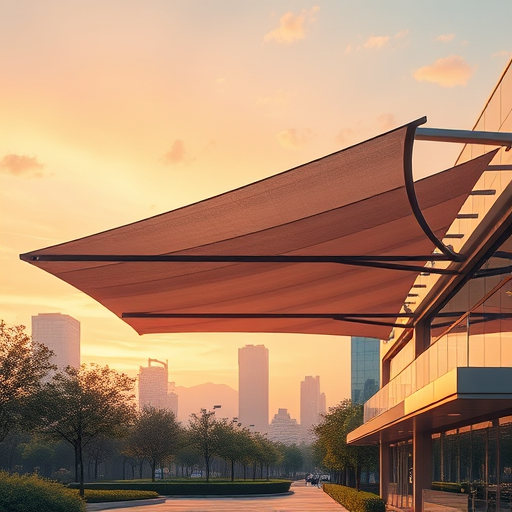 A spacious 6x4 meter sunshade on an elegant balcony in front of a minimalist balcony door, with playful sunlight patterns scattered across its woven texture in warm gold and cream tones. The background features a bustling cityscape with tall skyscrapers and colorful rooftops, subtly emerging from the misty horizon. Light translucent streaks of sunlight create a dynamic atmosphere. The sunshade's rich, detailed fabric is decorated with thick or burgundy ribbons tied in bows, resembling a classical painting, and adorned with small rosettes and ornamental motifs. Green plants, such as trailing baskets and small bonsai trees, line the balcony edges, gently swaying in the breeze. The scene exudes a mood of calm relaxation blended with vibrant energy, reminiscent of a high Renaissance canvas, with intricate details adding depth and richness. The color palette includes lush shades of gold, aubergine, and cream, all subtly illuminated to evoke the style of a baroque painting. The overall tone is tranquil yet lively, where light and shadow harmoniously coexist, emphasizing the timeless beauty and elegant atmosphere of classical art.
