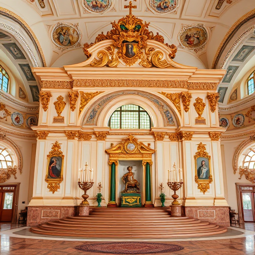 A richly decorated Baroque-style garden featuring ornate UV-protected shading fabrics that seamlessly blend into the historical environment. At the center, an elegant, shiny, gold-accented wrought-iron pergola arches gracefully, beneath which delicately patterned, lace-like sun umbrellas or shading fabrics gently billow in the breeze, providing protection from sunlight and harmful UV rays. In the background, a wide, intricately designed mosaic-bordered garden pathway winds through shaded seating areas with finely crafted rustic sculptures and peaceful resting spots. The lush garden showcases vibrant, diverse plants, including large, colorful bromeliads, abundant leafy grasses, and elegant Mediterranean trees, creating a textured and colorful backdrop. The atmosphere is tranquil, opulently adorned yet playful and charming, evoking the romantic fabric of an aristocratic castle park. The shading fabrics are decorated with elaborate Baroque motifs, featuring detailed textures and a rich color palette of golds, deep reds, and dark hues, which play with light and shadow to enhance the luxurious ambiance. The artistic style captures the richness and extravagance of Baroque art, with finely detailed elements and dramatic contrast in colors, reflecting timeless elegance and a harmonious blend of nature and craftsmanship.